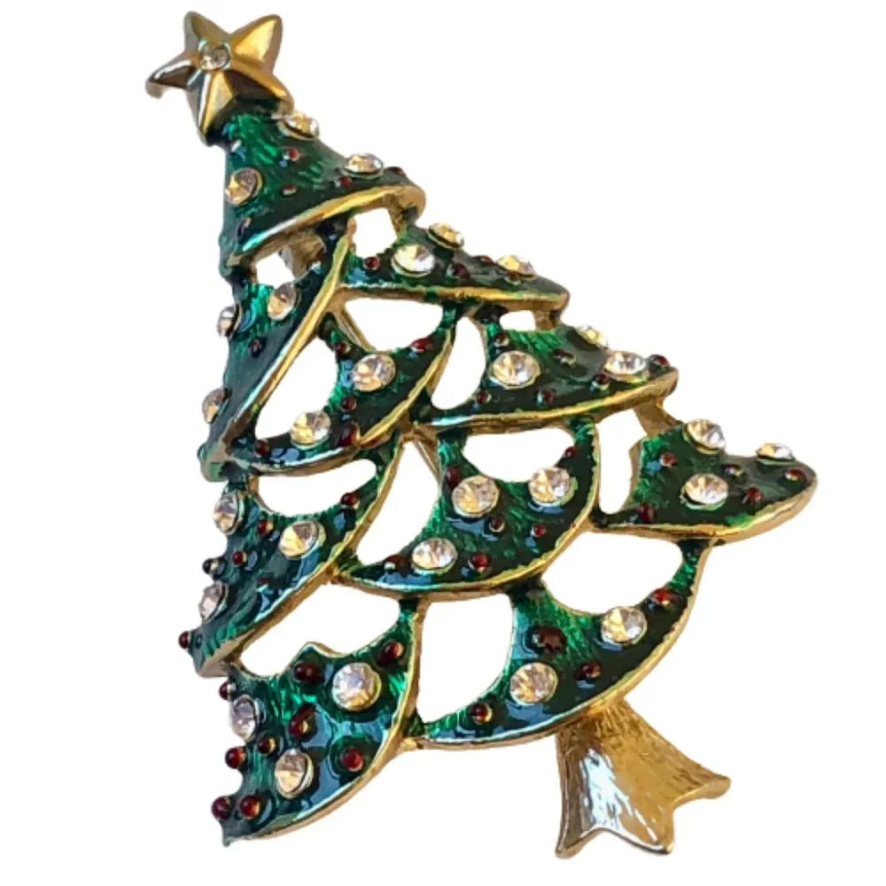 Vintage Christmas Tree Brooch Green Enamel Clear Rhinestones See Thru Cut-Outs